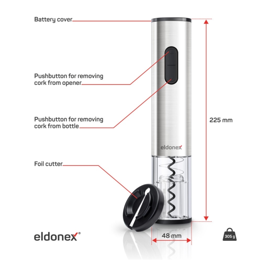 ELDONEX EWO-2200-SL - Električni otvarač za vino 4xAA mat hrom