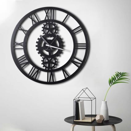 Elegantni crni zidni sat prečnika 70 cm, napajanje 1x AA