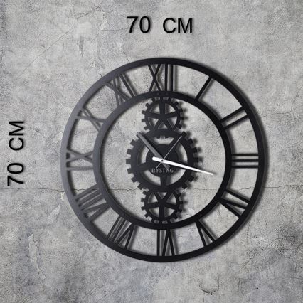 Elegantni crni zidni sat prečnika 70 cm, napajanje 1x AA