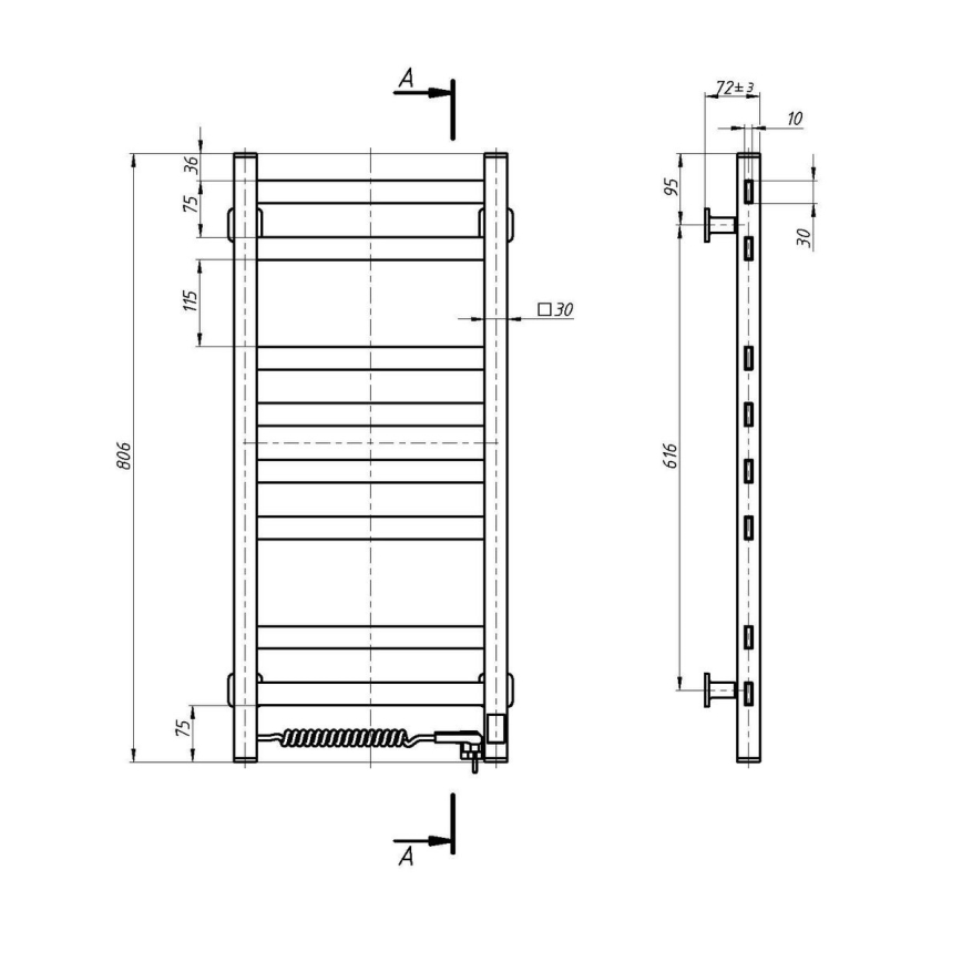 Električni sušač peškira sa termostatom AVANGARD 105W 80x36 cm  beli levi