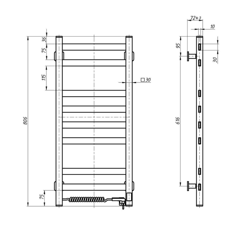Električni sušač peškira sa termostatom AVANGARD 105W 80x36 cm, crni, levi