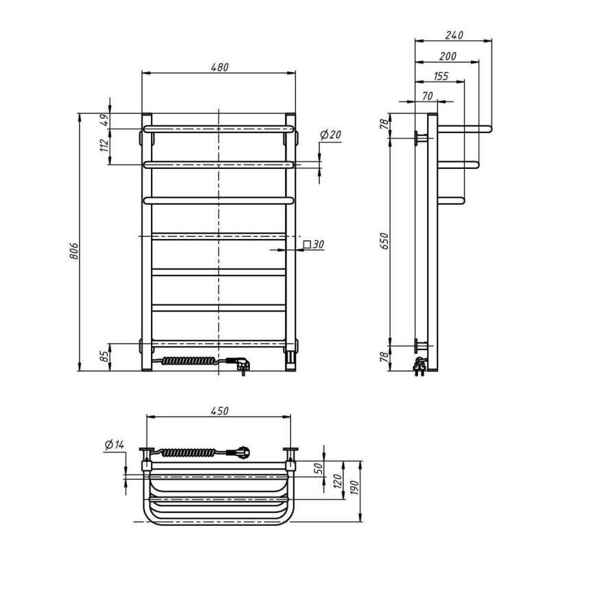 Električni sušač peškira sa termostatom FORTIS 155 W 80 x 48 cm, beo, levi