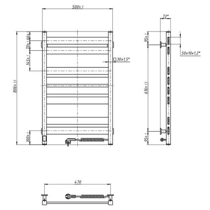 Električni sušač peškira sa termostatom LARGO 168W 80x50 cm, crna, desna