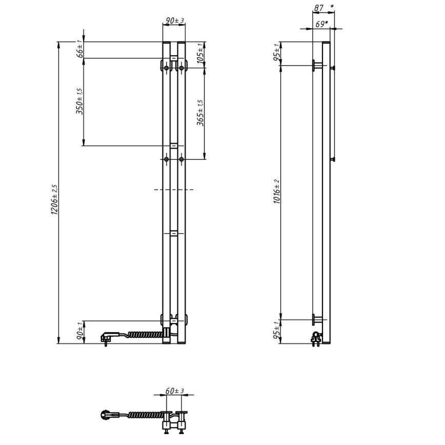 Električni sušač peškira sa termostatom SILOUETTE 70W 120x9 cm beli, desni