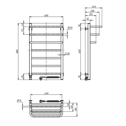 Električni sušač za peškire sa termostatom FORTIS 155W 80x48 cm crni, desni