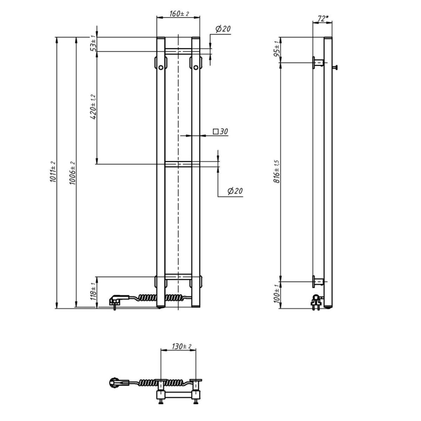 Električni sušač za peškire SILOUETTE 46W 100x16 cm crni desni
