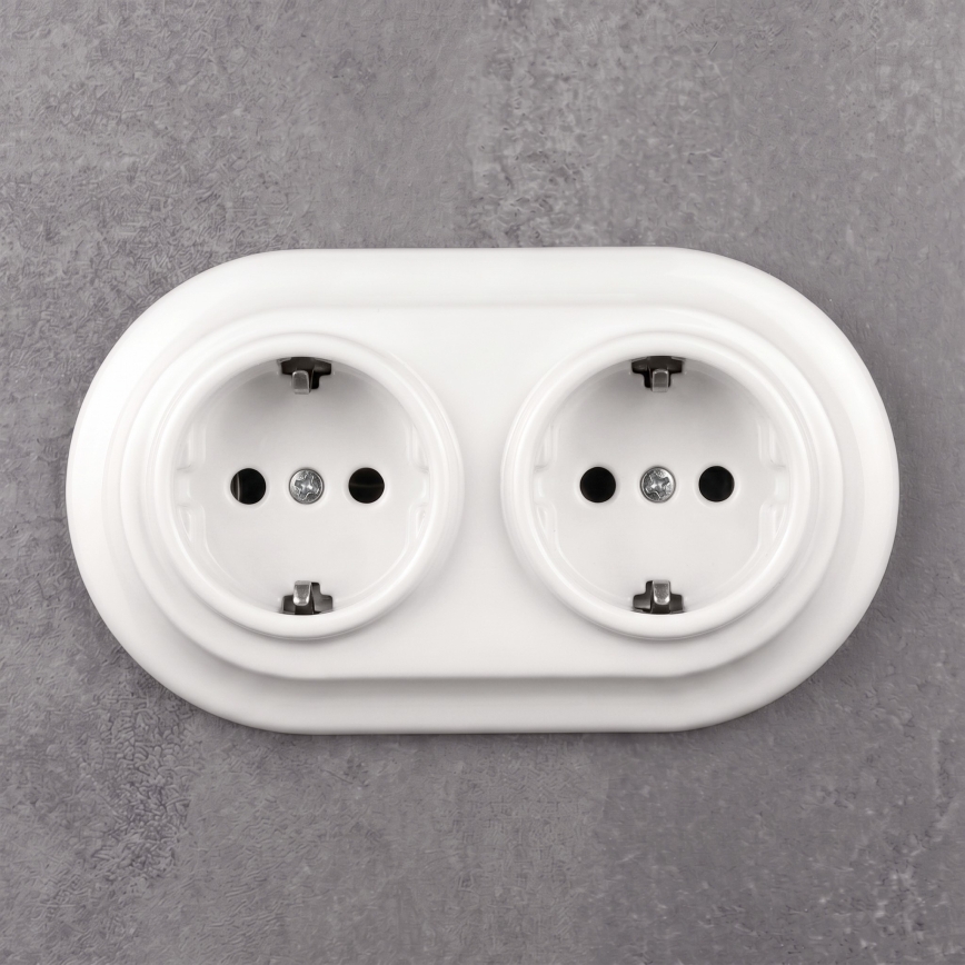 Elhard - Dvostruka keramička retro kućna utičnica sa okvirom SCHUKO 230V bela