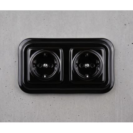 Elhard - Dvostruka keramička retro kućna utičnica sa okvirom SCHUKO 230V crna