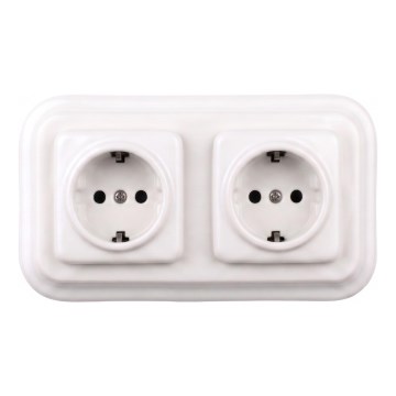 Elhard - Dvostruka keramička retro utičnica za kućnu upotrebu sa okvirom SCHUKO 230V bela