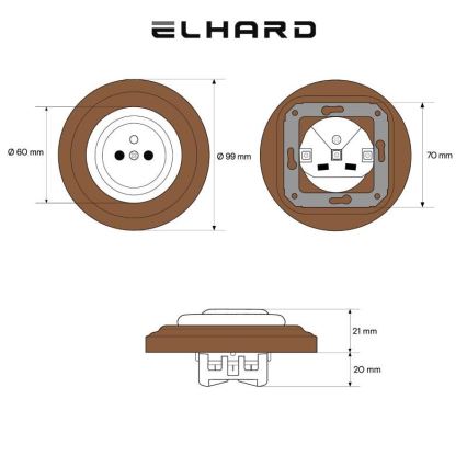 Elhard - Keramička retro kućna utičnica sa okvirom 230V bela/tamno drvo