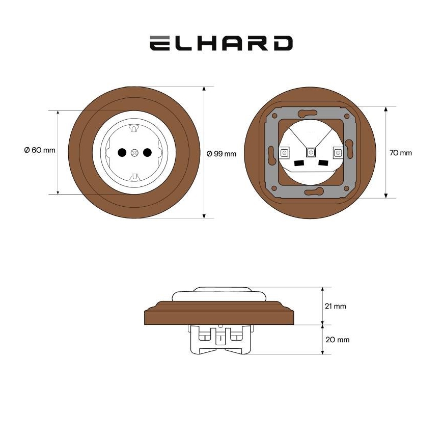 Elhard - Keramička retro kućna utičnica sa okvirom SCHUKO 230V bela/tamno drvo