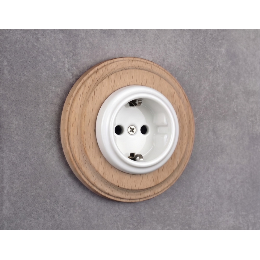 Elhard - Keramička retro kućna utičnica sa okvirom SCHUKO 230V bela/svetlo drvo