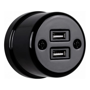 Elhard - Keramička zidna retro utičnica 2xUSB-A crna