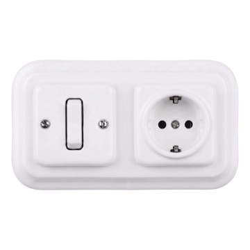 Elhard - Retro keramički jednopolni prekidač br. 1 i SCHUKO utičnica 230V sa ramom, bela