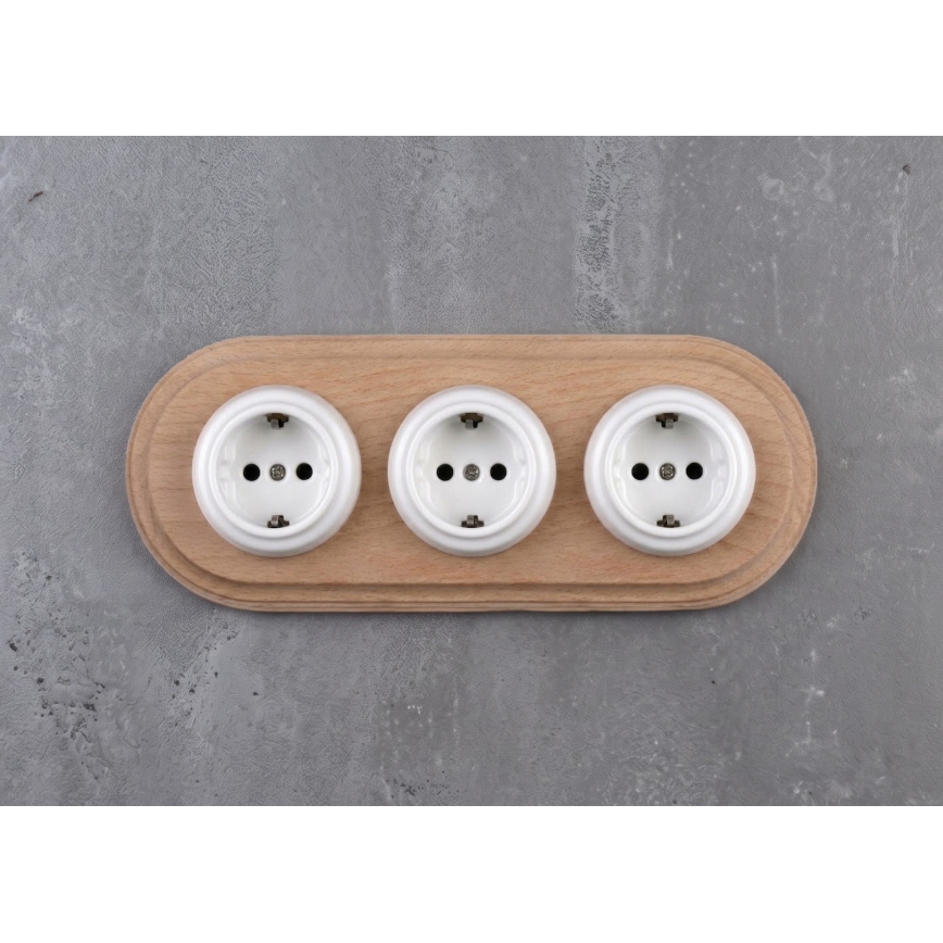 Elhard - Trojna keramička retro kućna utičnica sa okvirom SCHUKO 230V bela/svetlo drvo