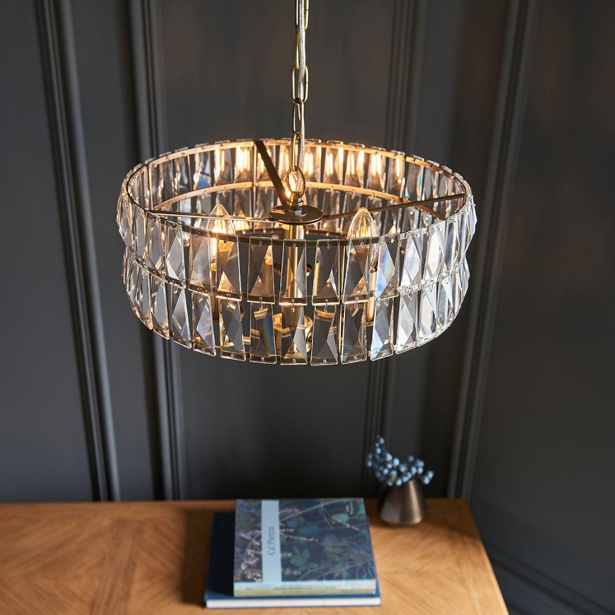 Endon 106243 - Luster na lancu CLIFTON 3xE14/6W/230V prečnik 38,5 cm mesing/prozirno staklo