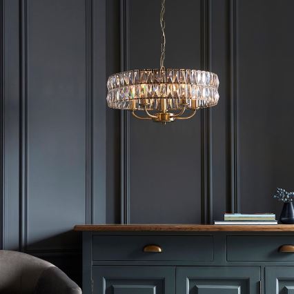 Endon 106244 - Luster na lancu CLIFTON 5xE14/6W/230V prečnik 50,5 cm mesing/prozirno