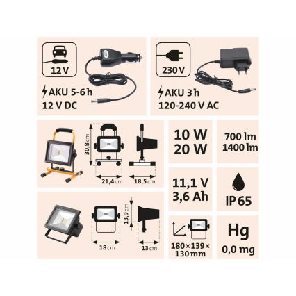 Extol - Punjivi LED reflektor/20W/3600 mAh/11,1V IP65