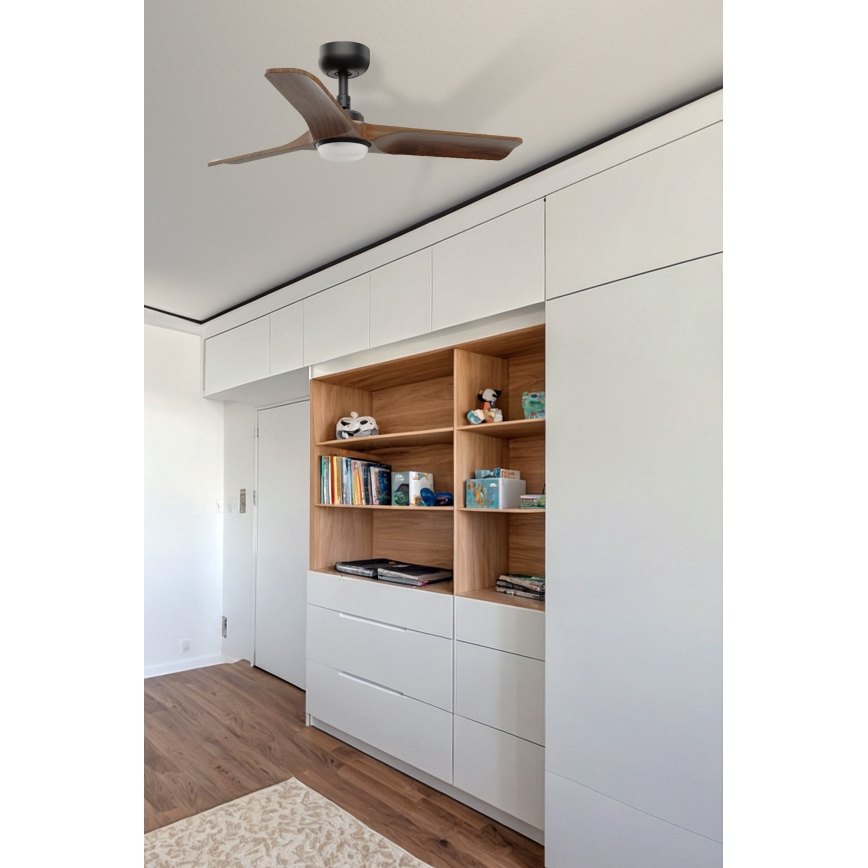 FARO 33806WT1S - LED prigušiva stropni ventilator HEYWOOD S s LED/10W/230V 2700/3000/4000K, prečnik 90 cm, drvo/crna, Wi‑Fi Tuya + daljinski upravljač