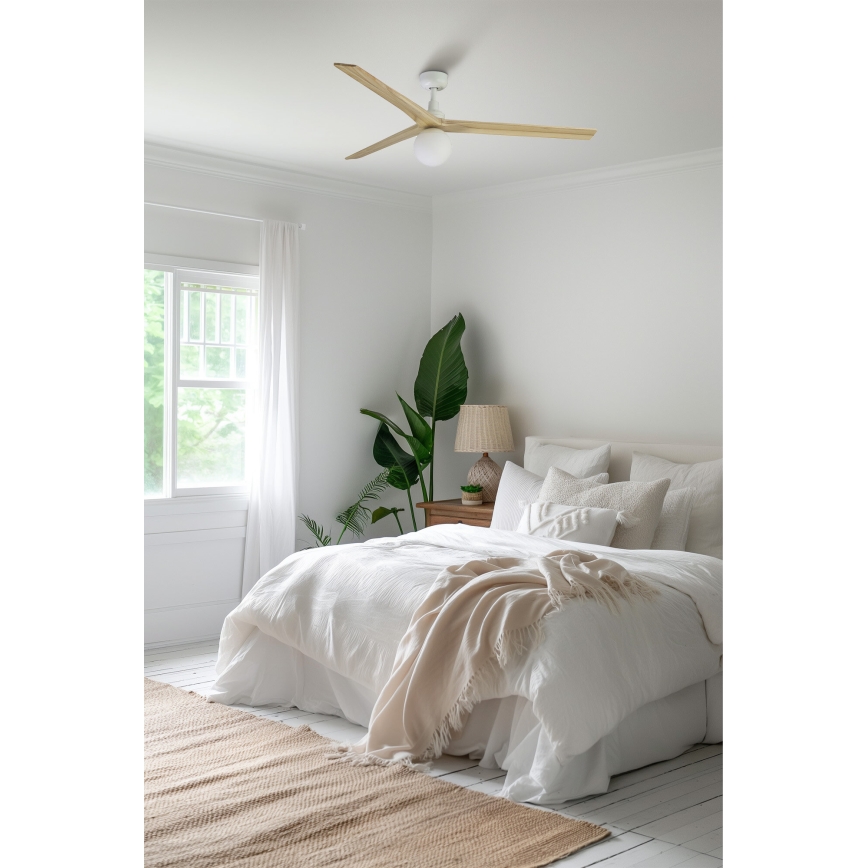 FARO 34279-11L - Plafonski ventilator KLIM L 1xE27/15W/230V hrast/bela prečnika 150 cm + daljinsko upravljanje