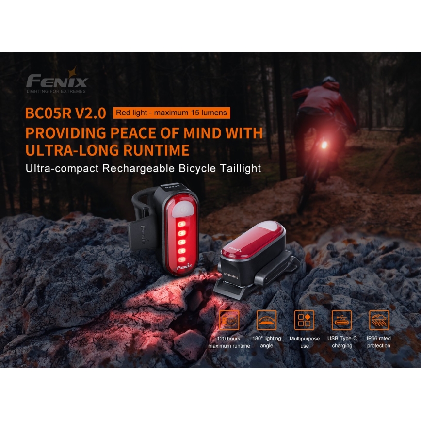 Fenix BC05RV20 - LED punjiva svetiljka za bicikl, USB, IP66, 15 lm, 120 h