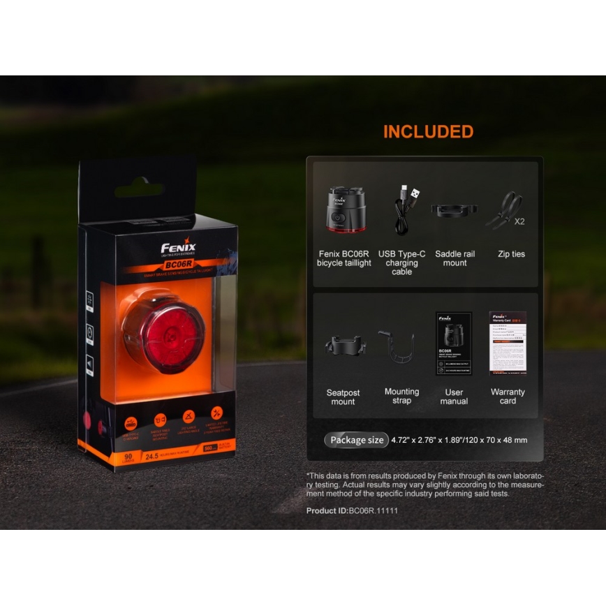 Fenix BC06R - LED prigušiva punjiva signalna svetiljka za bicikl LED/USB IP66 90 lm 24,5 h 560 mAh