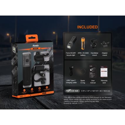Fenix BC22R - LED prigušiva punjiva biciklistička svetiljka LED/USB 3400 mAh IP66 1400 lm 41 h crna