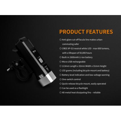 Fenix BC25R - Punjiva LED lampa za bicikl LED/USB IP66 600 lm 36 h