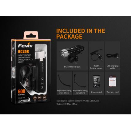 Fenix BC25R - Punjiva LED lampa za bicikl LED/USB IP66 600 lm 36 h