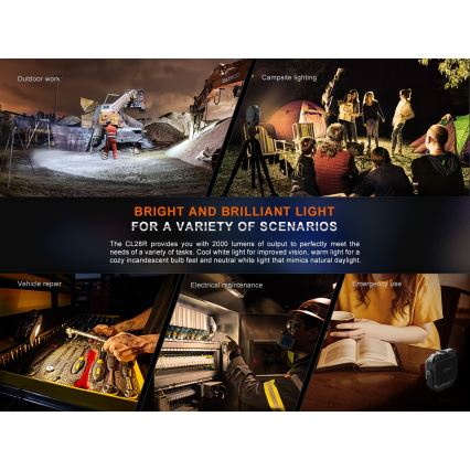 Fenix CL28R - LED reflektor sa prigušiva funkcijom i powerbankom, punjiv, LED/USB, IP66, 2000 lm, 360 h, 10000 mAh