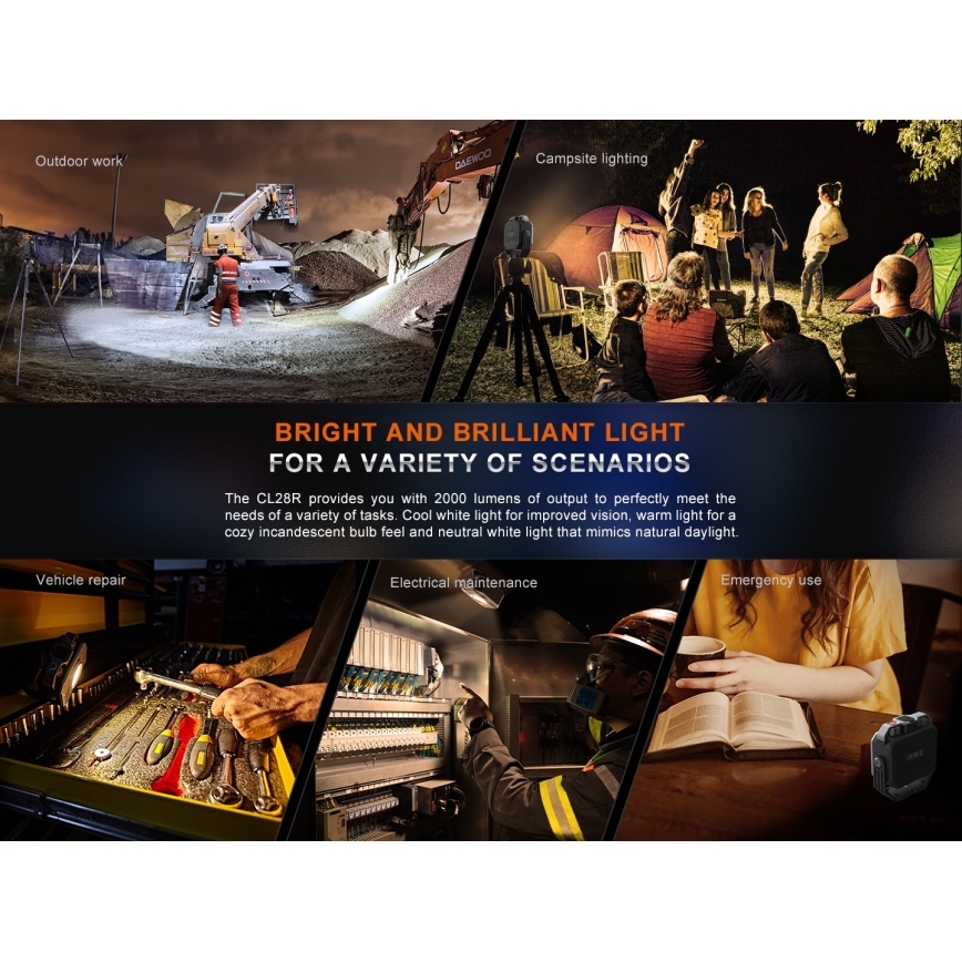 Fenix CL28R - LED reflektor sa prigušiva funkcijom i powerbankom, punjiv, LED/USB, IP66, 2000 lm, 360 h, 10000 mAh