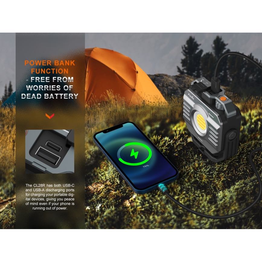 Fenix CL28R - LED reflektor sa prigušiva funkcijom i powerbankom, punjiv, LED/USB, IP66, 2000 lm, 360 h, 10000 mAh