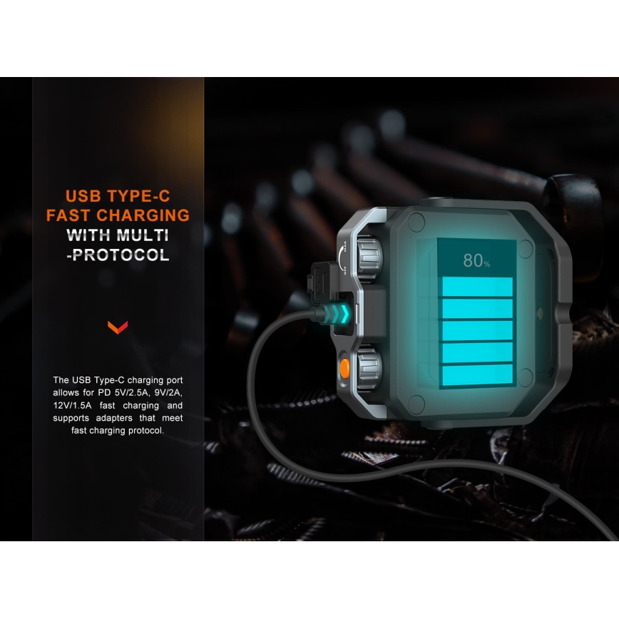 Fenix CL28R - LED reflektor sa prigušiva funkcijom i powerbankom, punjiv, LED/USB, IP66, 2000 lm, 360 h, 10000 mAh