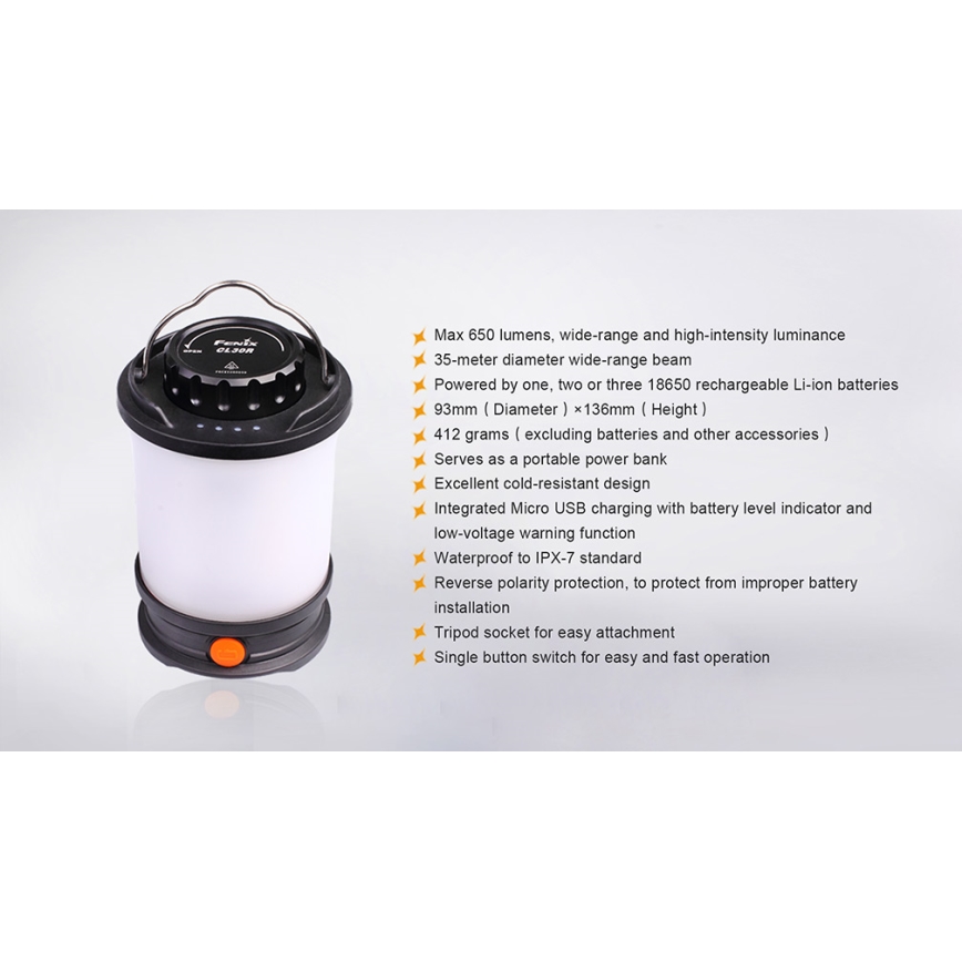 Fenix CL30R - LED prenosna punjiva lampa LED/USB/6xCR123A IPX7 650 lm 300 h 2600 mAh