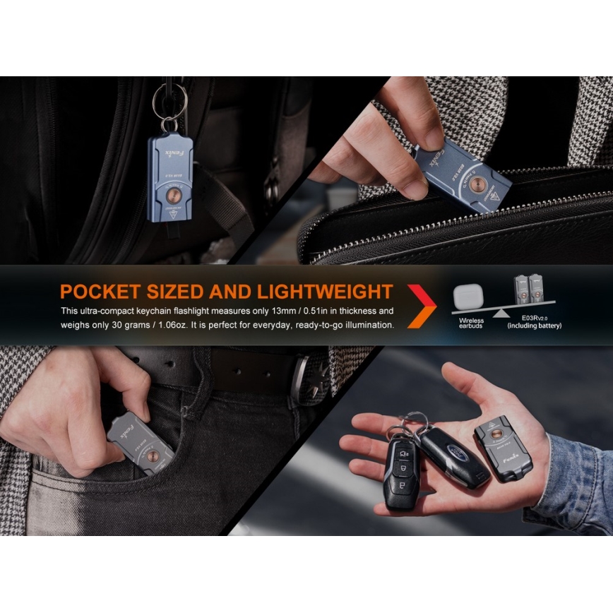 Fenix E03RV20BLU - Punjiva LED baterijska lampa LED/USB IP66 500 lm 30 h 400 mAh