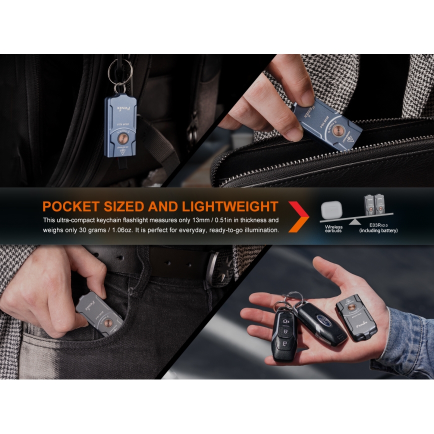 Fenix E03RV20GREY - Punjiva LED baterijska lampa LED/USB IP66 500 lm 30 h 400 mAh