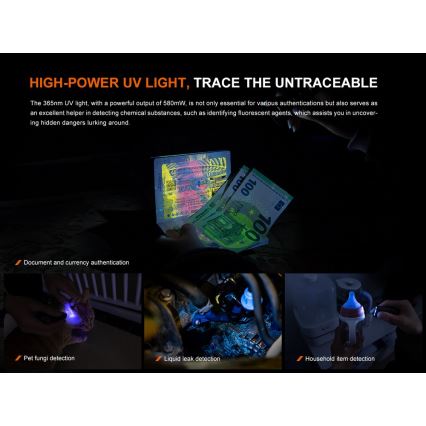 Fenix E06RGRY - LED prigušiva punjiva ručna baterijska lampa UV LED/USB IP66 700 lm 60 h 750 mAh siva