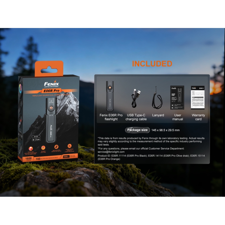 Fenix E06RPROEUBLC- LED prigušiva punjiva baterijska lampa LED/USB 1650 mAh IP66 1600 lm 111 h crna