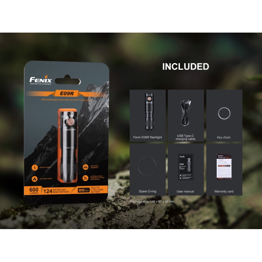 Fenix E09R - punjiva LED baterijska lampa, USB, IP68, 600 lm, do 70 h rada