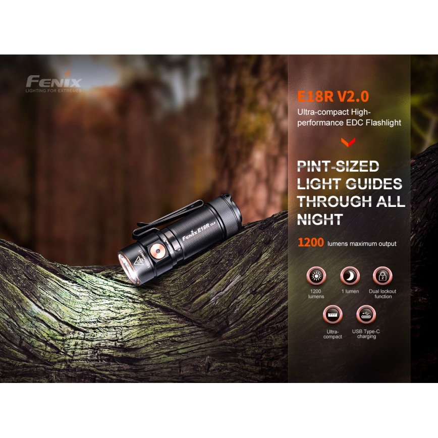 Fenix E18RV20800 - LED prigušiva punjiva baterijska lampa LED/USB/1xCR123A 800 mAh IP68 1200 lm 200 h crna