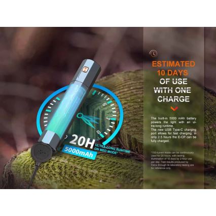 Fenix ECPBLCK - LED punjiva baterijska lampa sa powerbankom i USB, IP68, 1600 lm, 504 h, 5000 mAh, crna