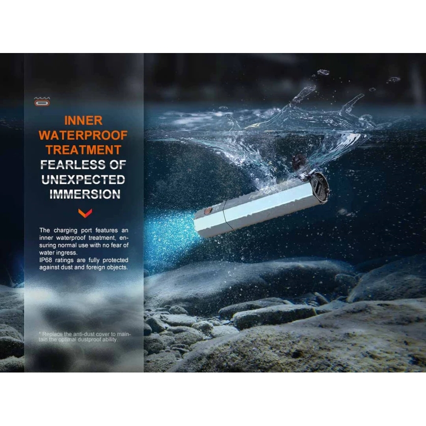 Fenix ECPBLCK - LED punjiva baterijska lampa sa powerbankom i USB, IP68, 1600 lm, 504 h, 5000 mAh, crna