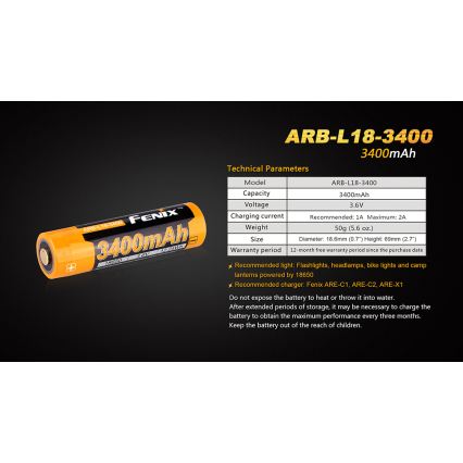 Fenix FE18650LI34 - 1 kom Punjiva baterija 18650/3,6 V 3400 mAh