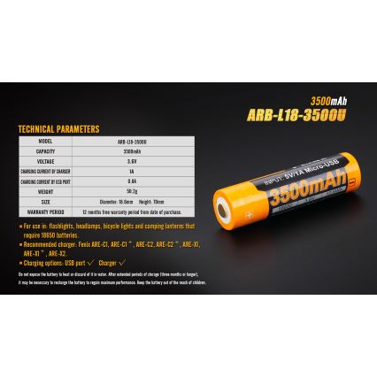 Fenix FE18650LI35USB - 1 kom Punjiva baterija USB/3,6V 3500 mAh