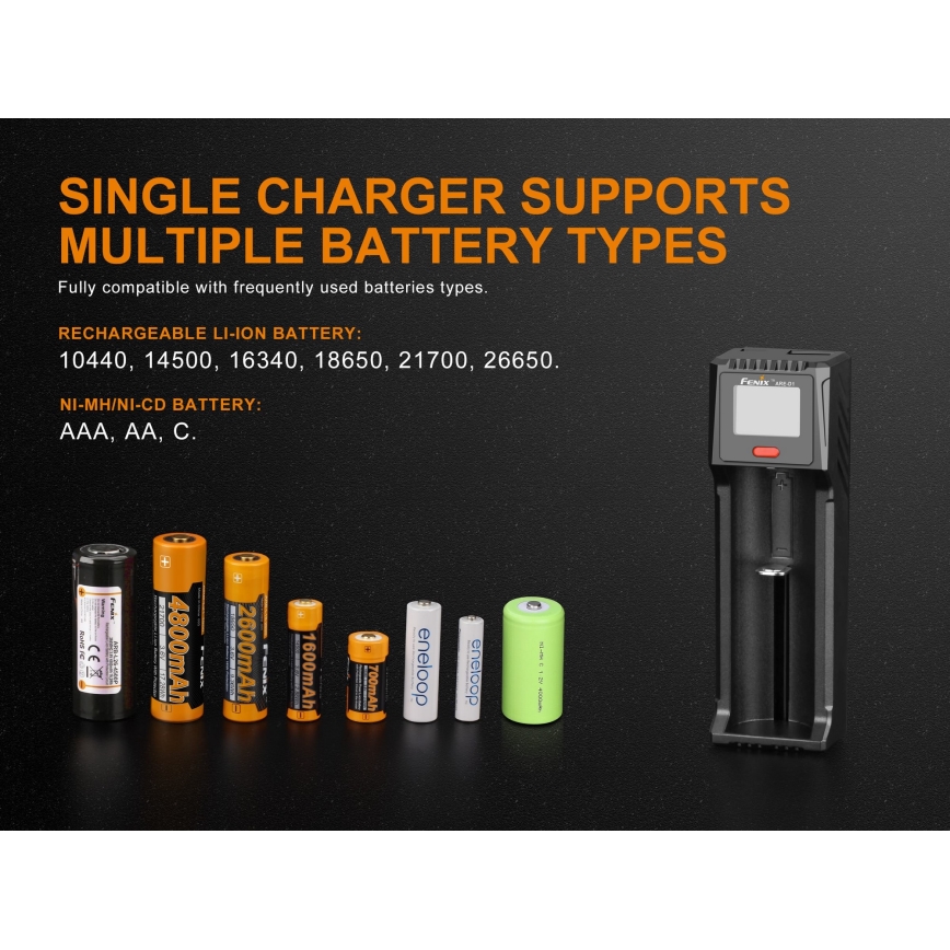 Fenix FENARED1 - Punjač za 1x Li-ion/AAA/AA/C bateriju, 5V