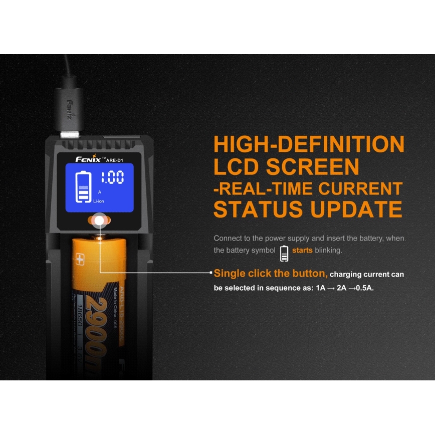 Fenix FENARED1 - Punjač za 1x Li-ion/AAA/AA/C bateriju, 5V