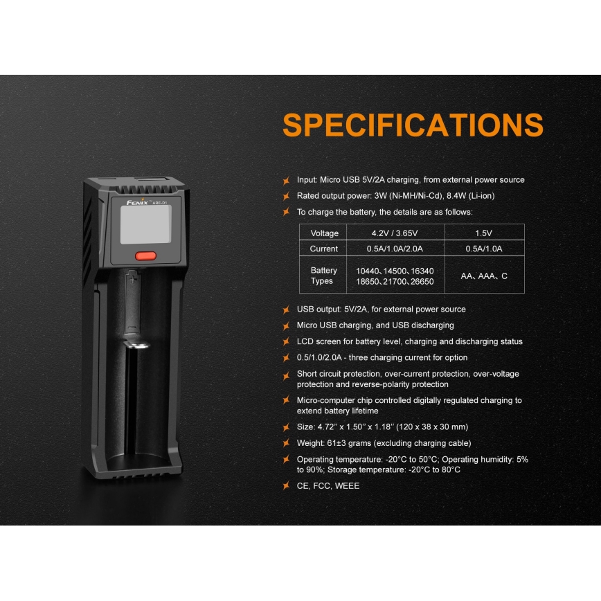 Fenix FENARED1 - Punjač za 1x Li-ion/AAA/AA/C bateriju, 5V