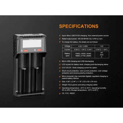 Fenix FENARED2 - Punjač baterija 2xLi-ion/AAA/AA/C 5V