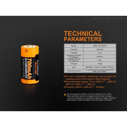 Fenix FERCR123ALIIONUP - 1 kom Punjiva Li-ion baterija USB, 3,6 V, 700 mAh