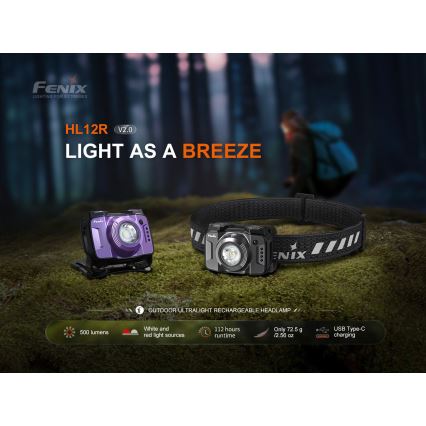 Fenix HL12RV20BLC - LED prigušiva punjiva čelna lampa LED/USB 950 mAh IP66 500 lm 112 h crna